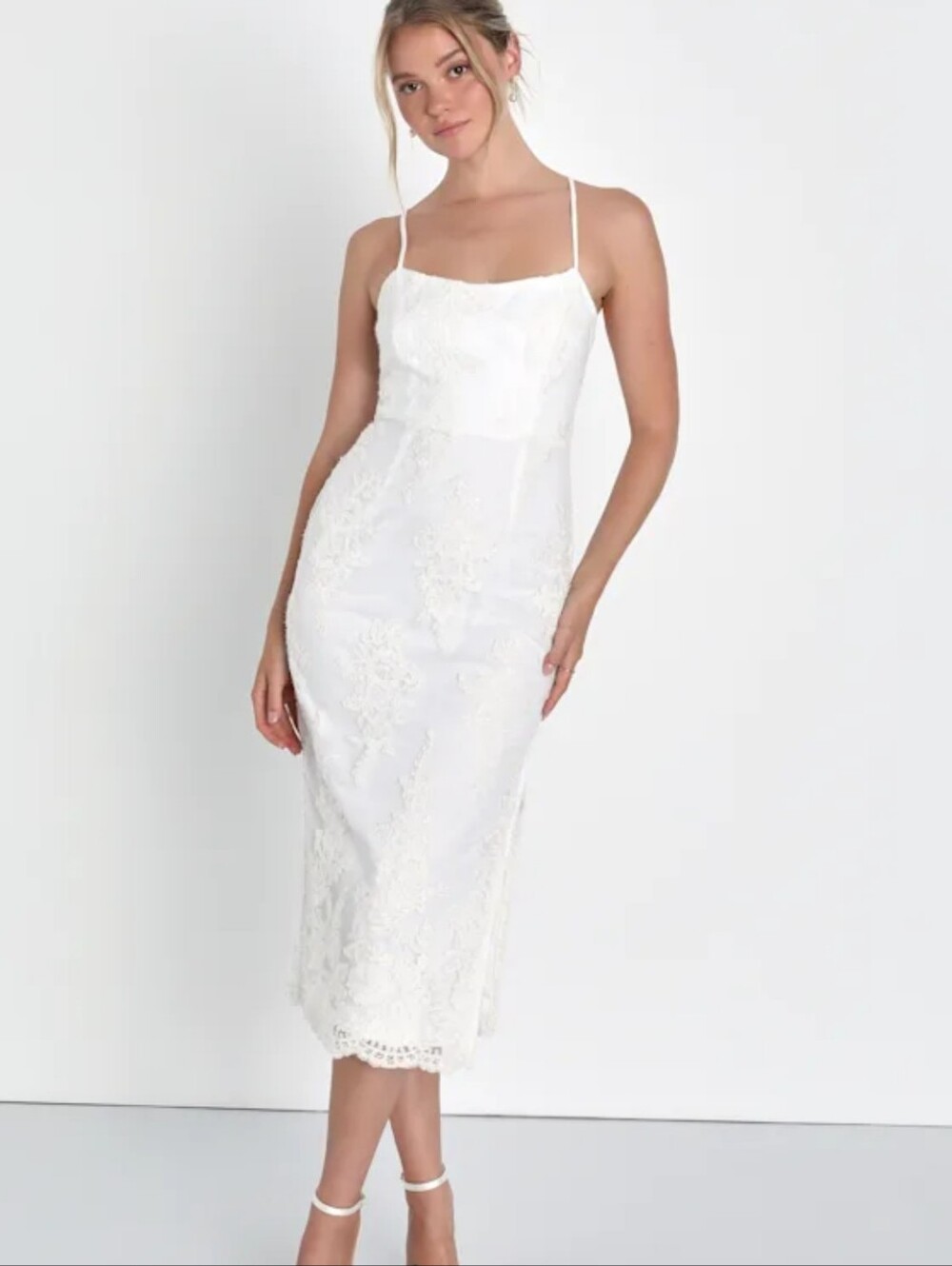 Lulu's Noteworthy Charm white floral embroidered strapless lace up midi dress